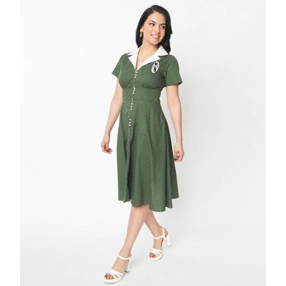 Unique Vintage Green & White Pin Dot Cat Swing Dress - XS/2 - Picture 1 of 12
